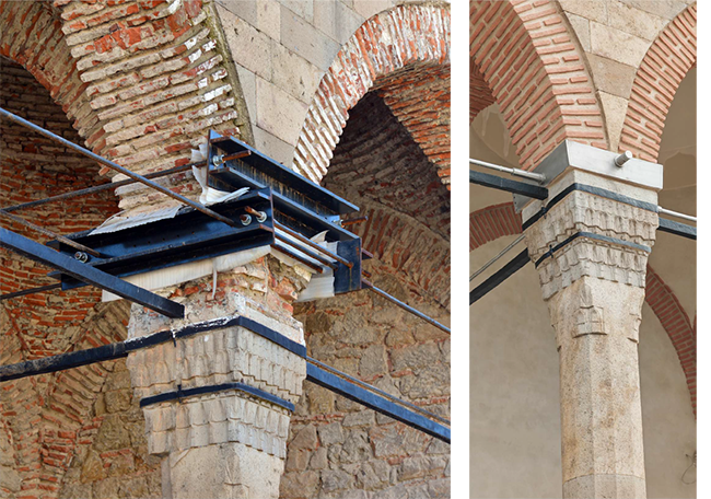 Zatege u zoni iznad kapitela stubova trema (privremeno i konačno rešenje)